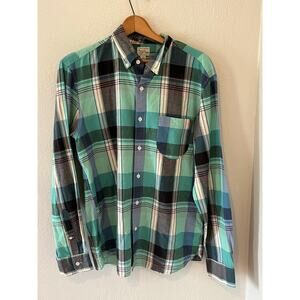Men's J Crew Indian Madras Button Slim Plaid Long Sleeve Cotton Green Shirt Sz L